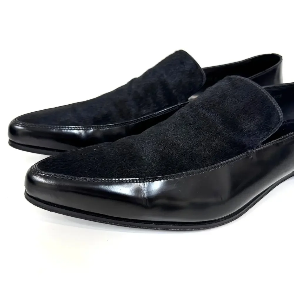PRADA Black Patent Leather Combination Calf Hair Point Toe Loafer 10 Pony Shoes